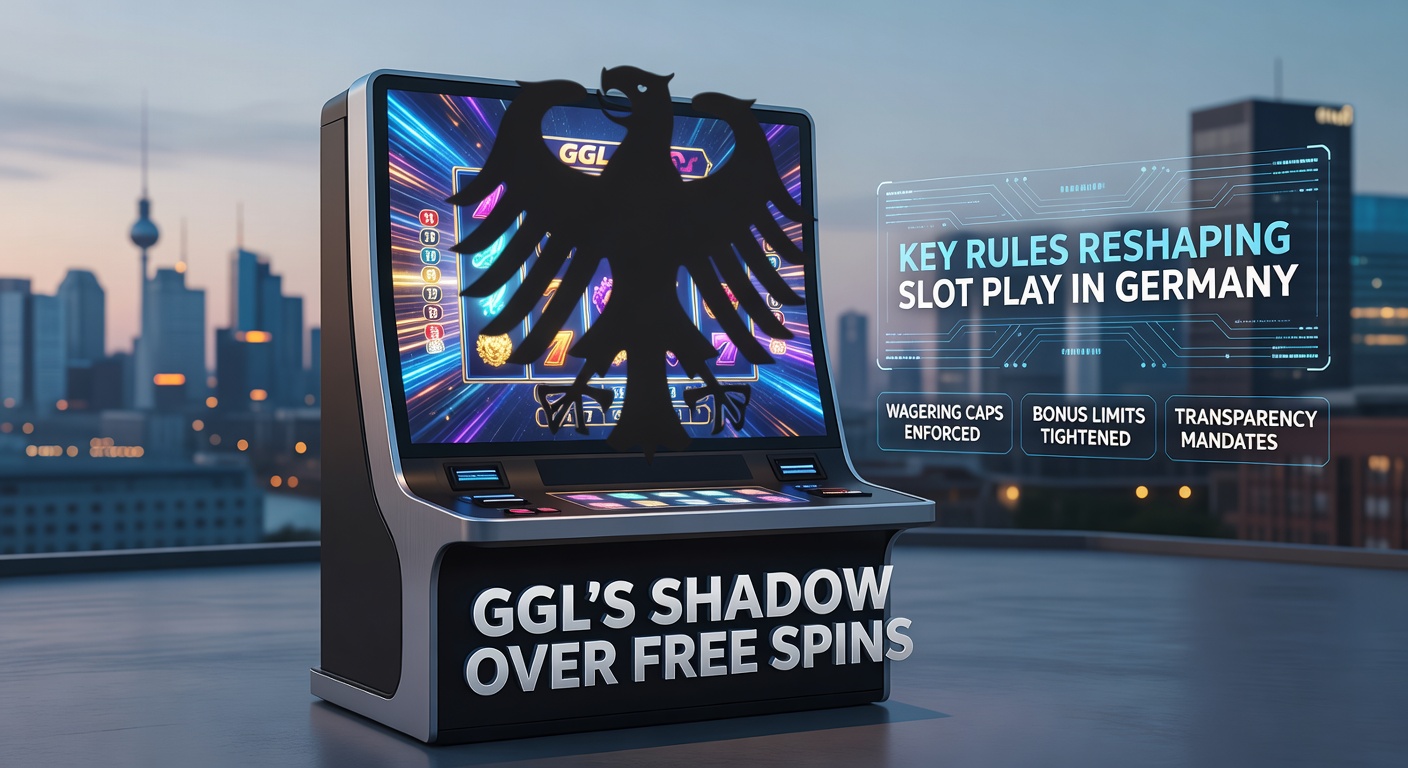 Grafik zur GGL-Regulierung von Free Spins in deutschen Online-Slots, mit Symbolen für Einsatzlimits und Bonusregeln